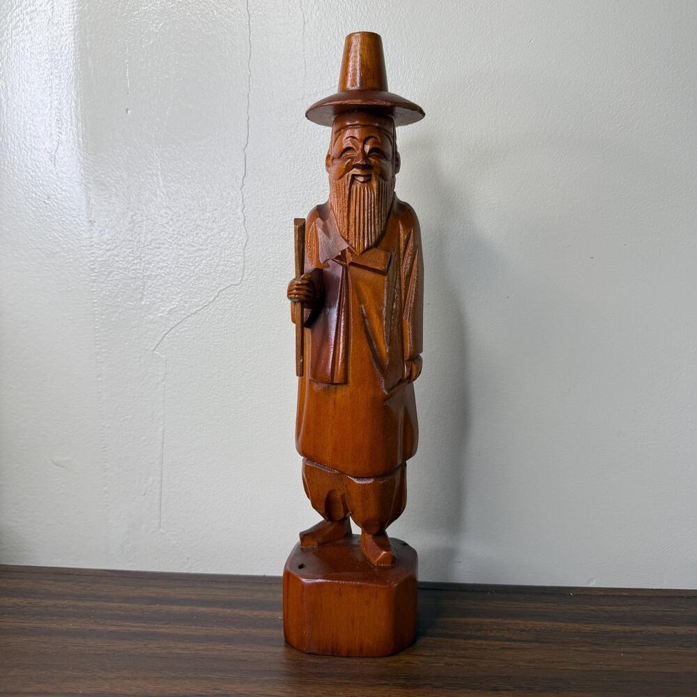 Vintage Korean Hand Carved Wood Figure Man Folk Art Statue